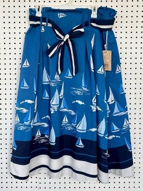 Her Destiny Nautical Sailboat Print Midi Skirt in Blue XL